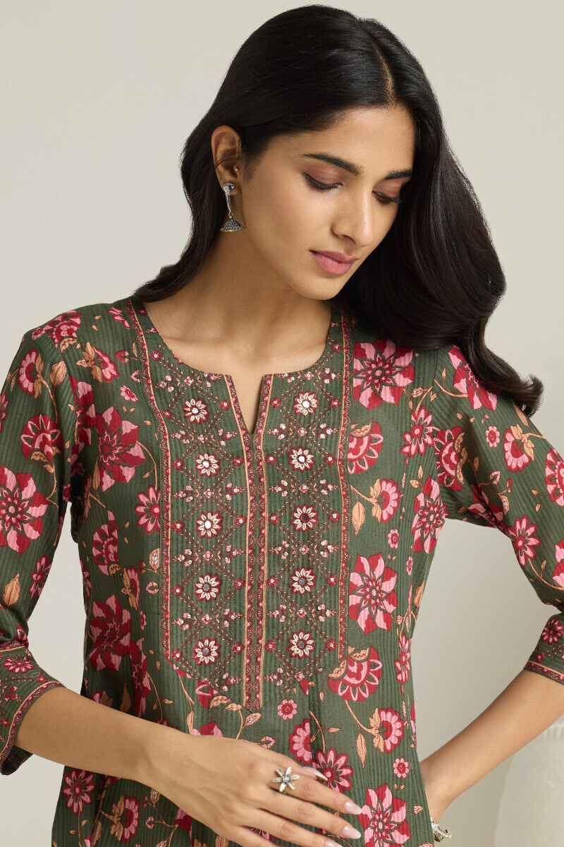 Green Hand Printed Anarkali Cotton Dobby Kurta