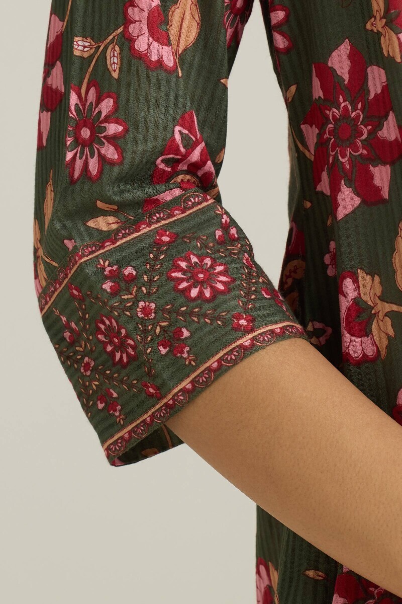 Green Hand Printed Anarkali Cotton Dobby Kurta