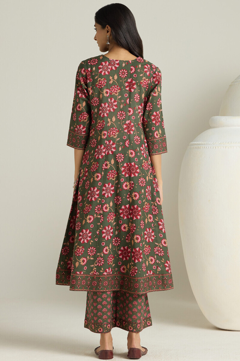 Green Hand Printed Anarkali Cotton Dobby Kurta