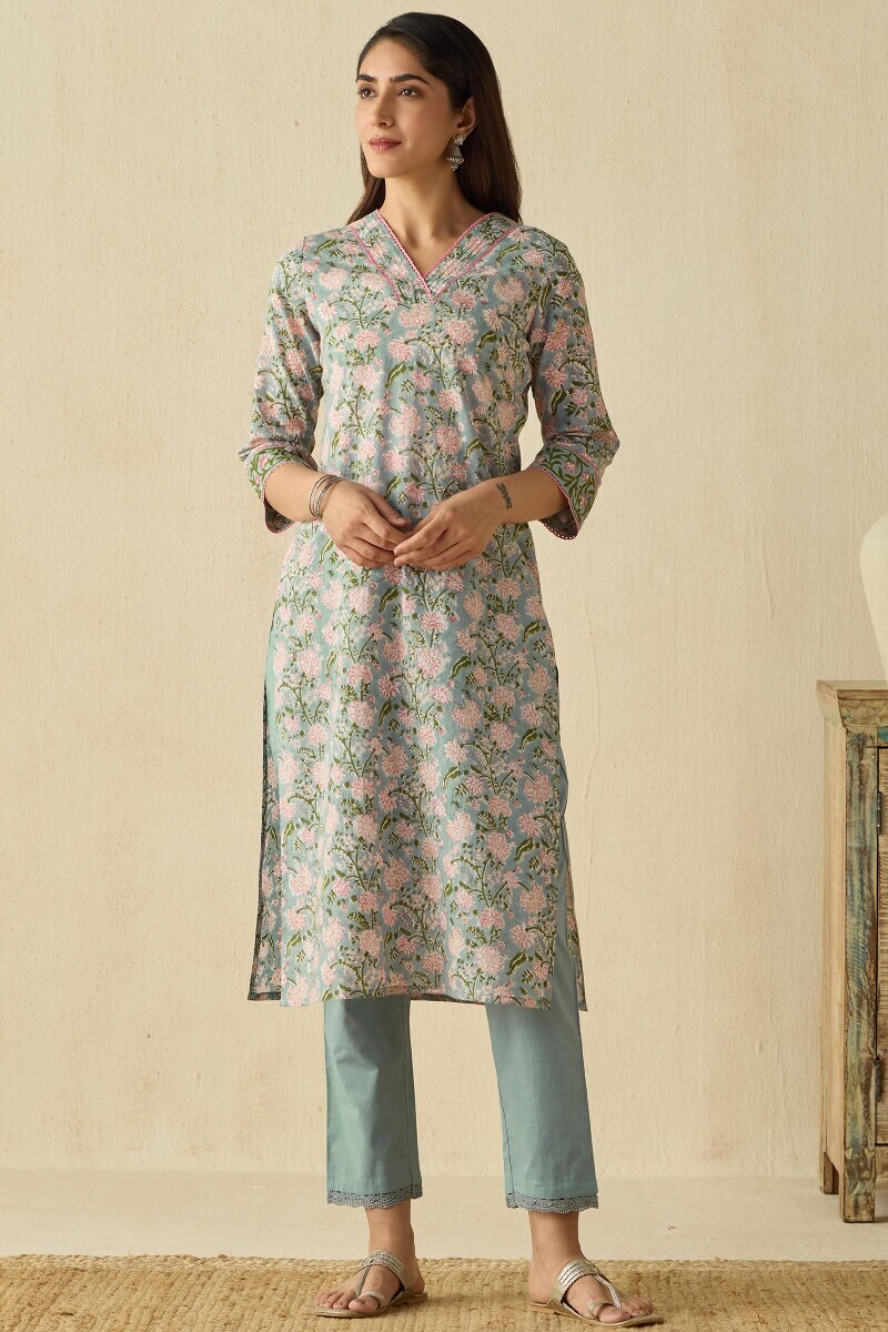 Grey Hand Block Printed Straight Cotton Kurta