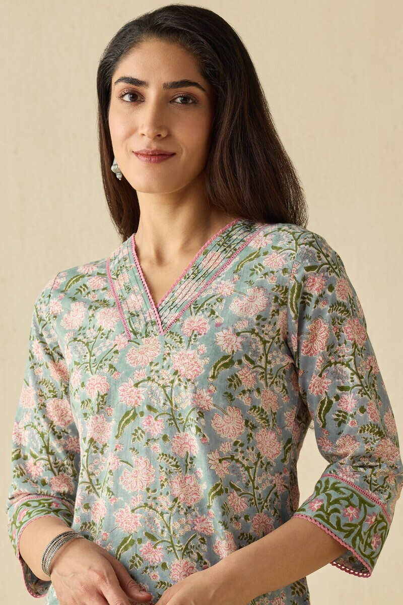 Grey Hand Block Printed Straight Cotton Kurta