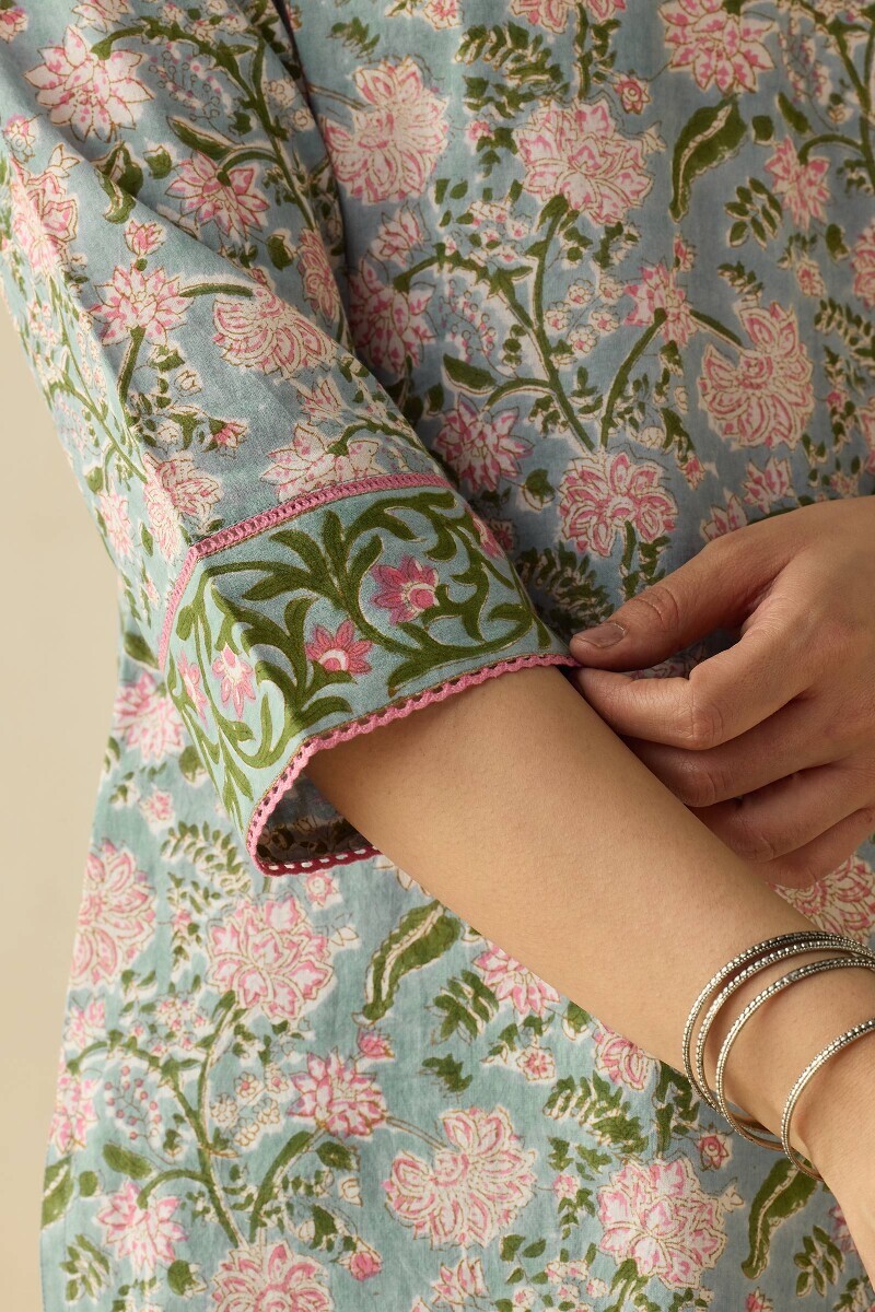 Grey Hand Block Printed Straight Cotton Kurta