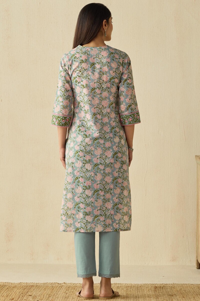 Grey Hand Block Printed Straight Cotton Kurta
