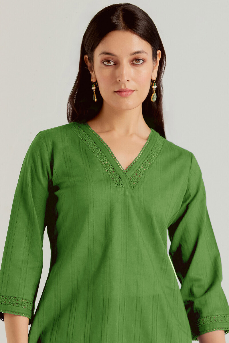 Green Handcrafted Straight Cotton Dobby Kurta