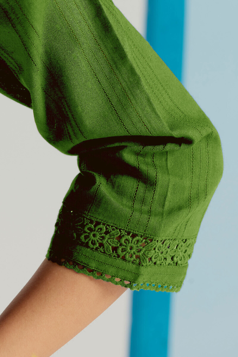 Green Handcrafted Straight Cotton Dobby Kurta