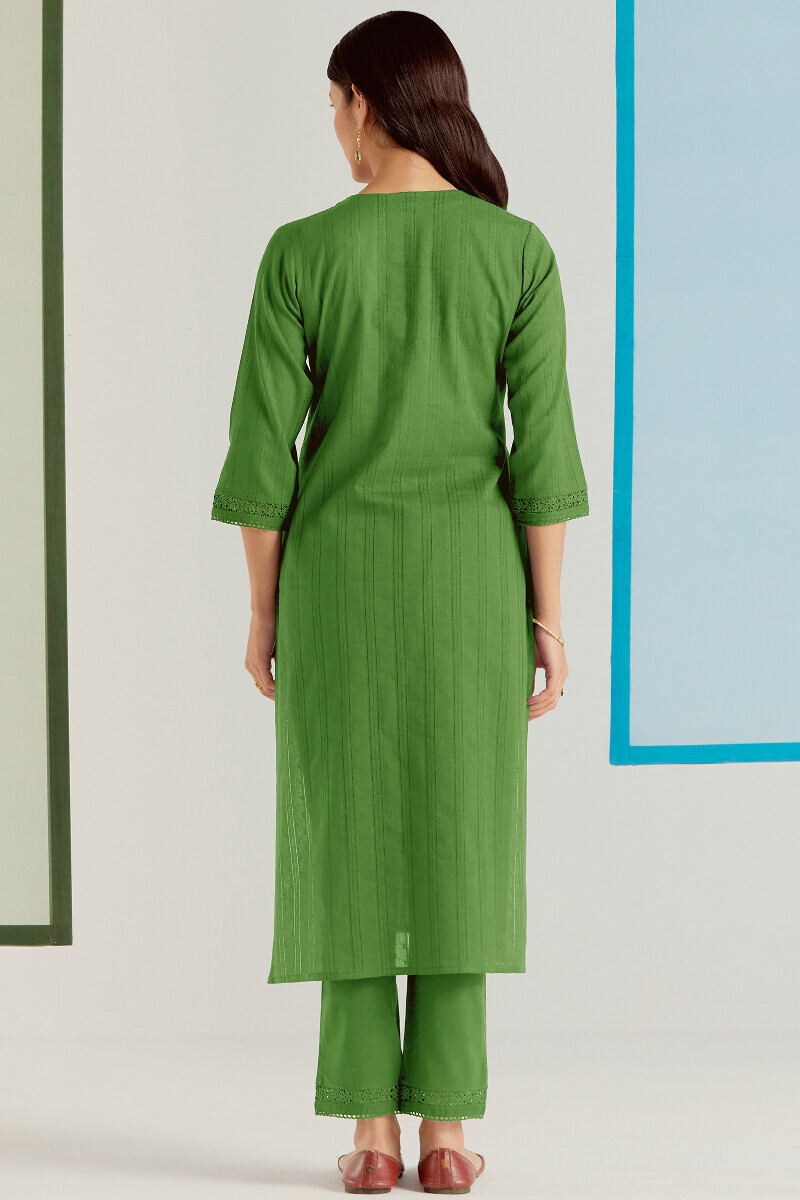 Green Handcrafted Straight Cotton Dobby Kurta