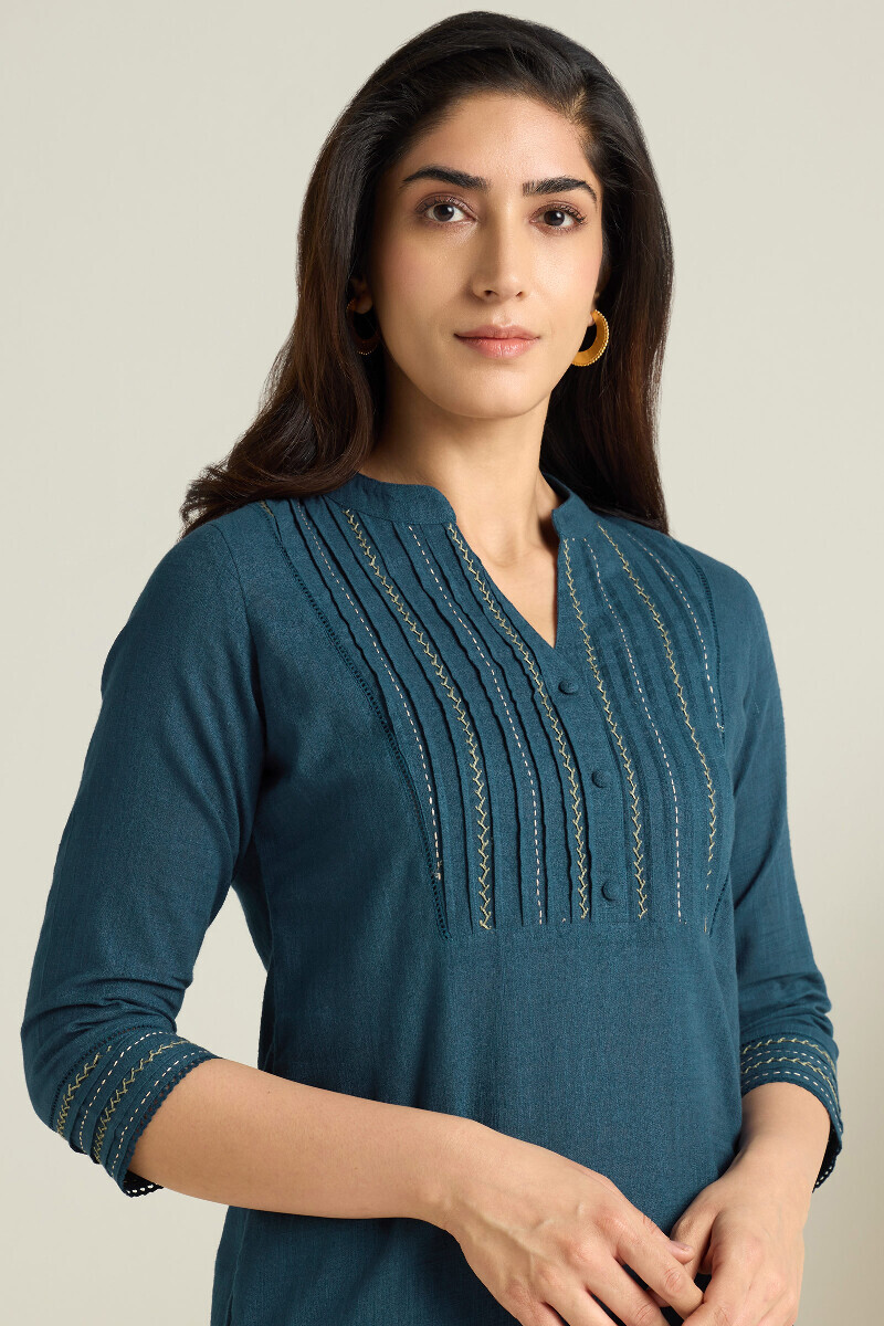 Navy Blue Handcrafted Straight Gauze Slub Kurta
