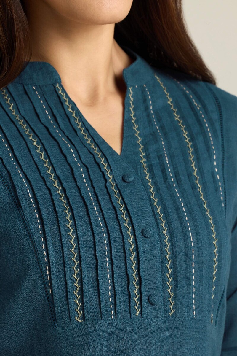 Navy Blue Handcrafted Straight Gauze Slub Kurta