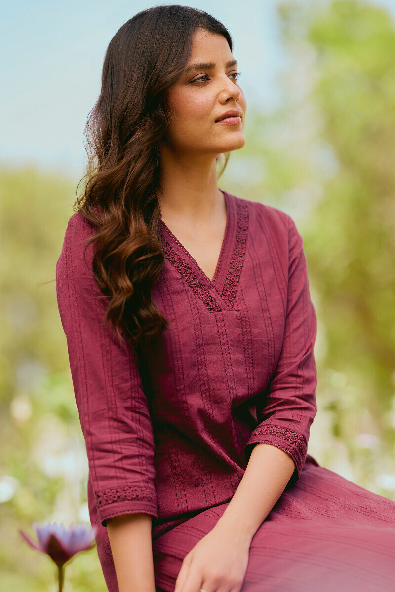 Pink Handcrafted Straight Cotton Dobby Kurta