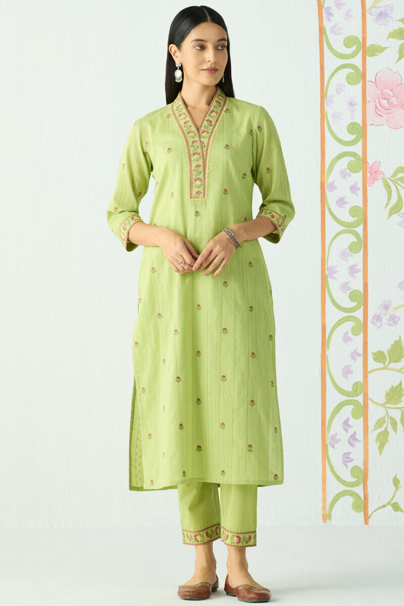 Green Handcrafted Straight Cotton Dobby Kurta