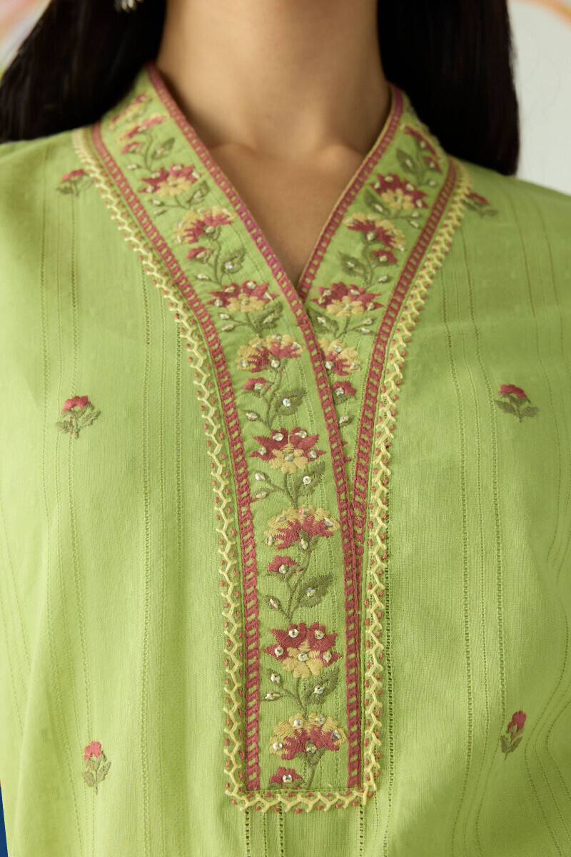 Green Handcrafted Straight Cotton Dobby Kurta