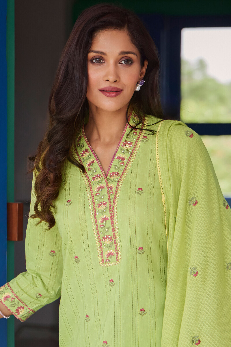 Green Handcrafted Straight Cotton Dobby Kurta