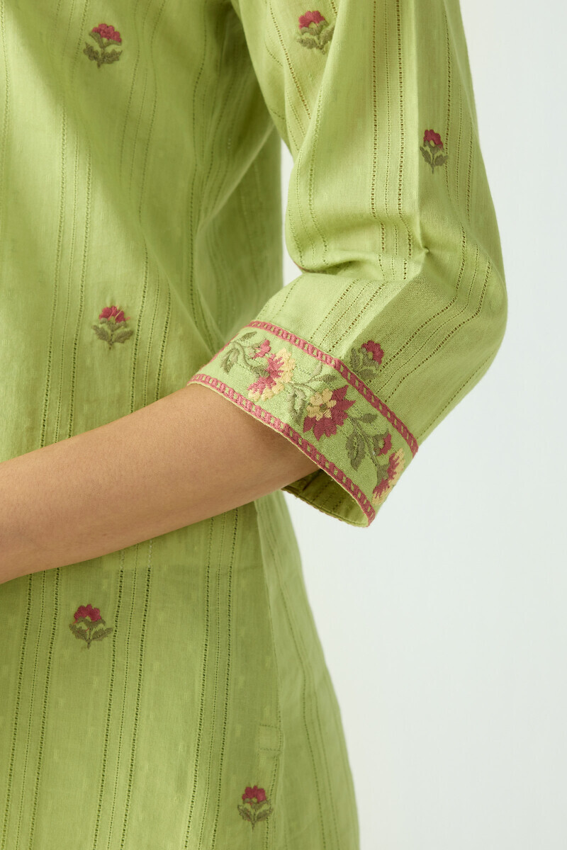 Green Handcrafted Straight Cotton Dobby Kurta