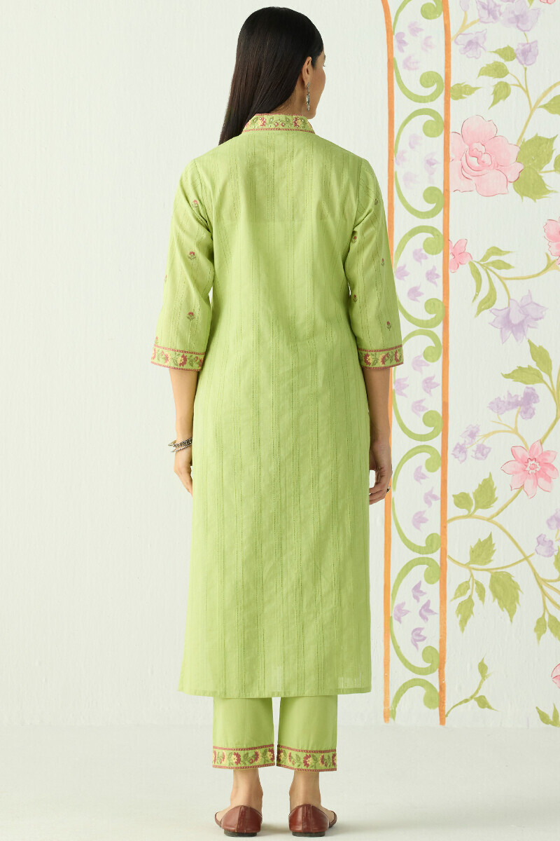 Green Handcrafted Straight Cotton Dobby Kurta
