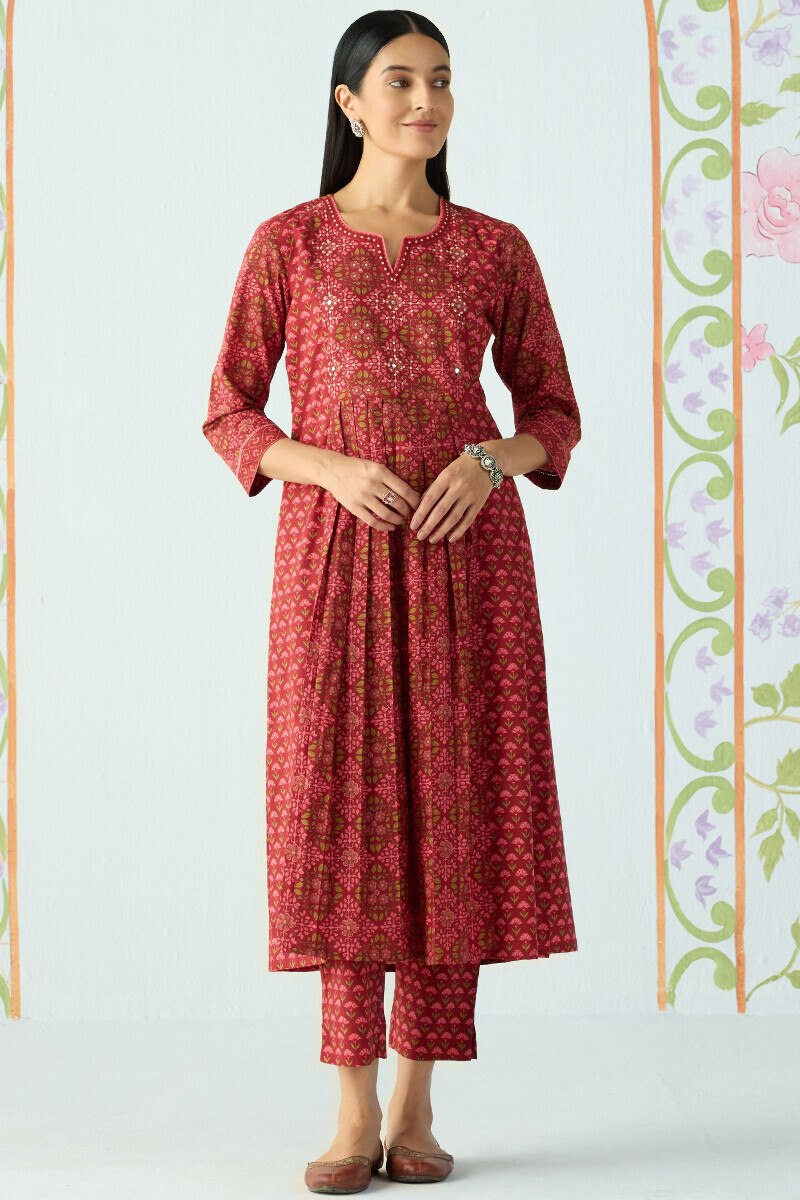 Maroon Hand Printed A-Line Cotton Kurta