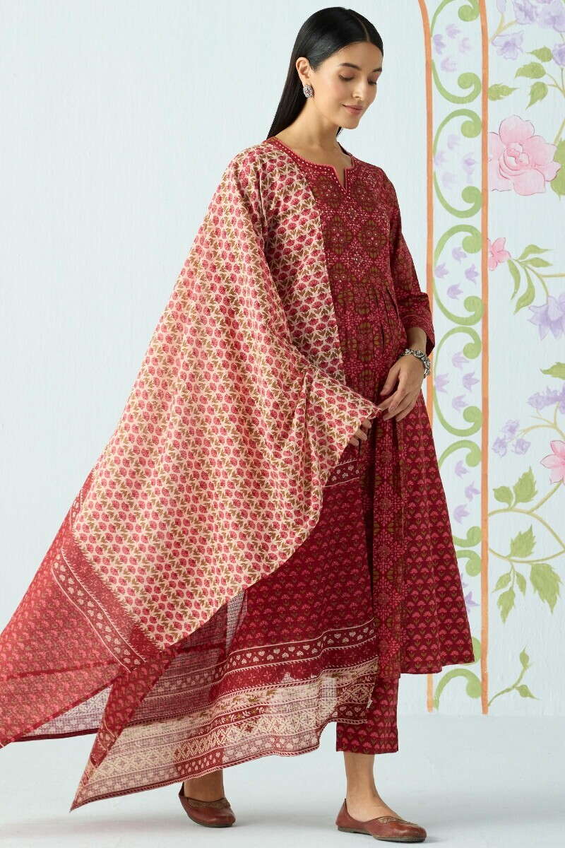 Maroon Hand Printed A-Line Cotton Kurta