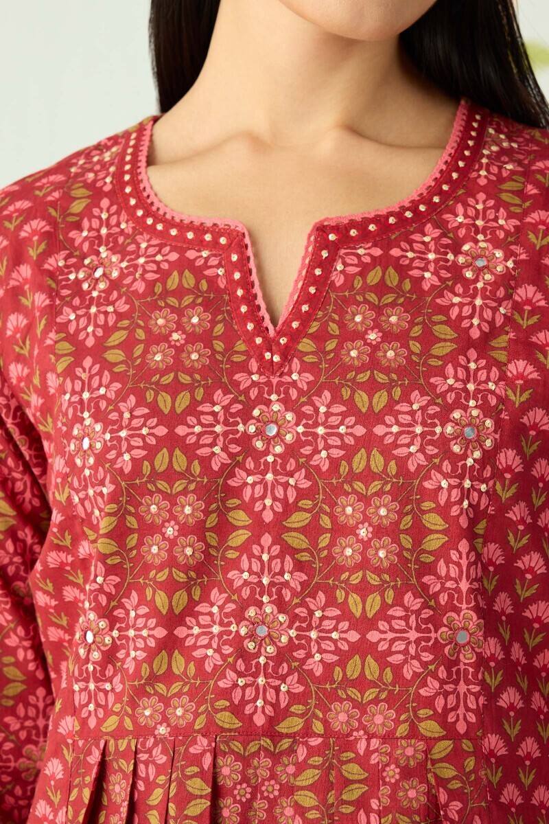 Maroon Hand Printed A-Line Cotton Kurta
