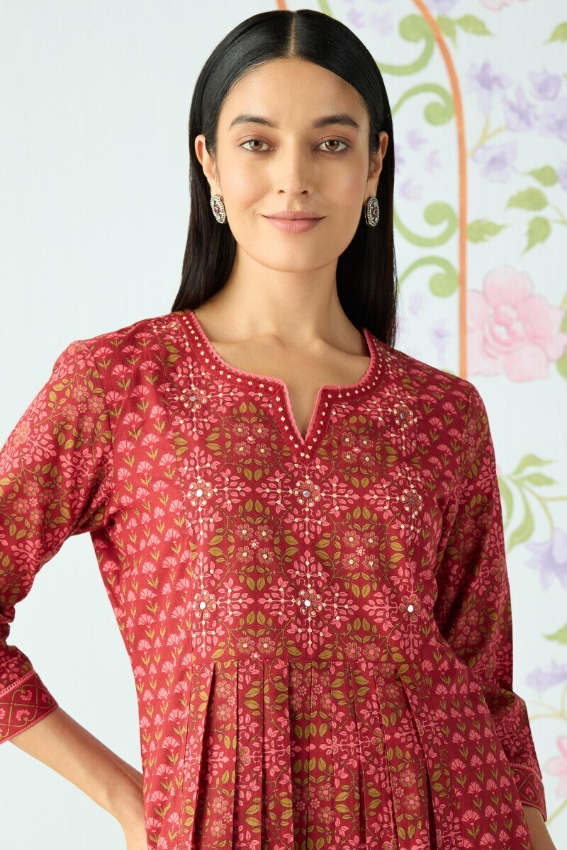 Maroon Hand Printed A-Line Cotton Kurta
