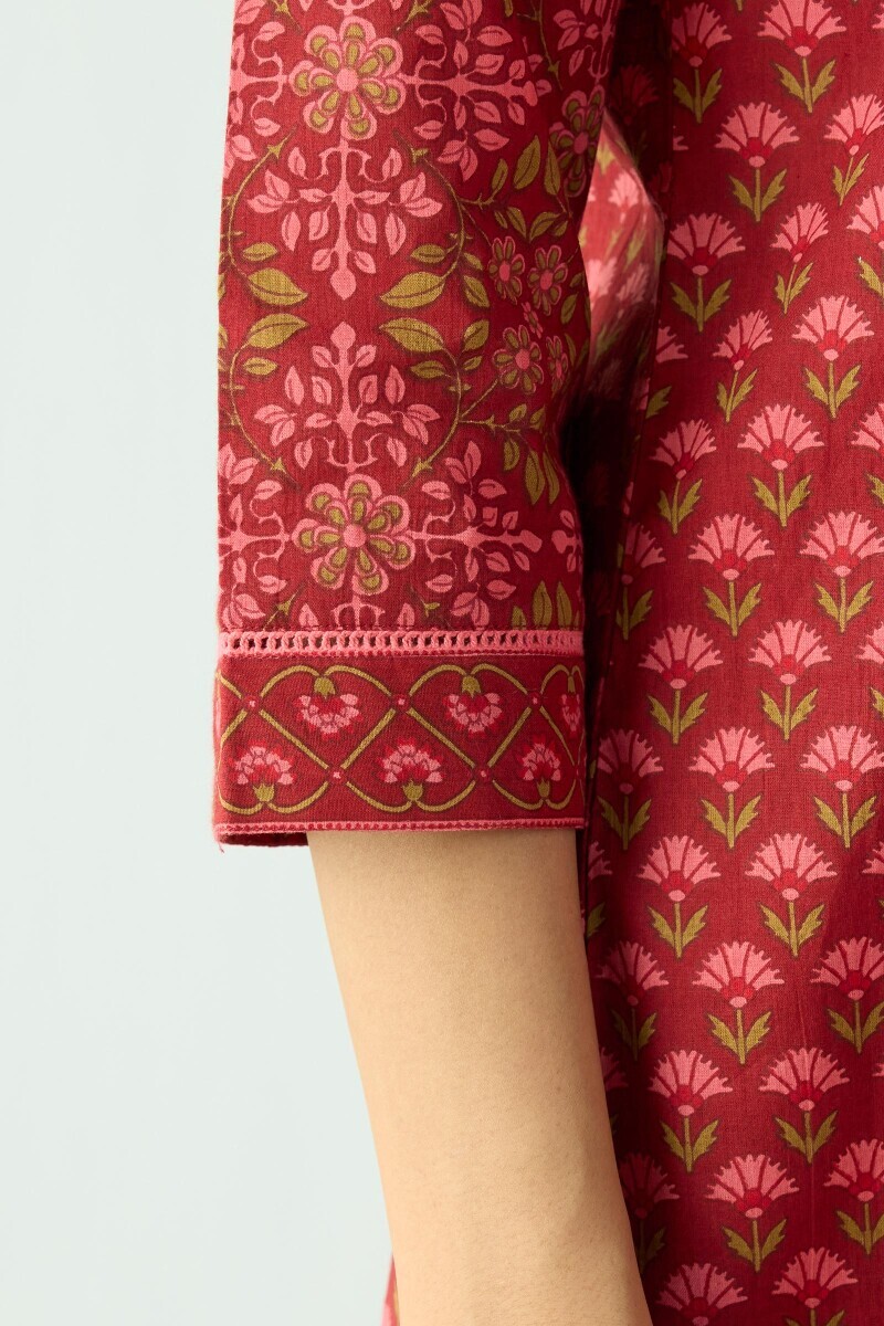 Maroon Hand Printed A-Line Cotton Kurta