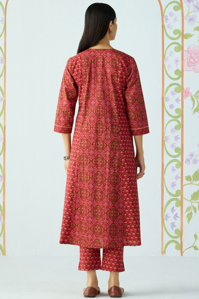 Maroon Hand Printed A-Line Cotton Kurta