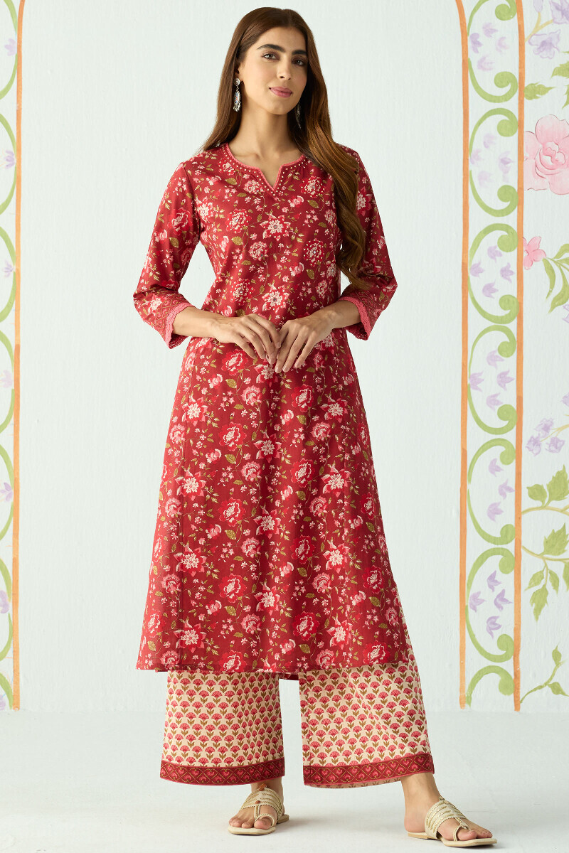 Maroon Hand Printed Straight Cotton Kurta