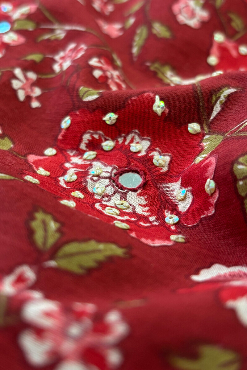 Maroon Hand Printed Straight Cotton Kurta
