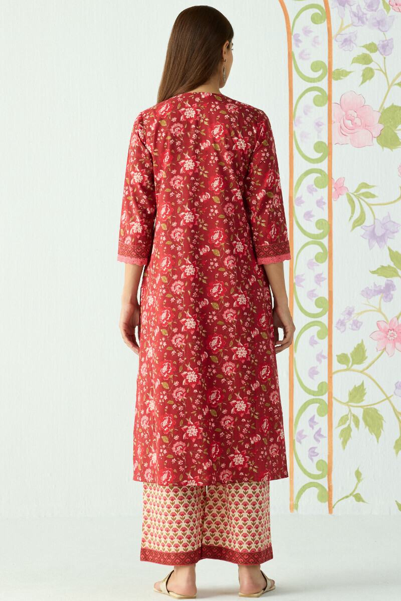 Maroon Hand Printed Straight Cotton Kurta