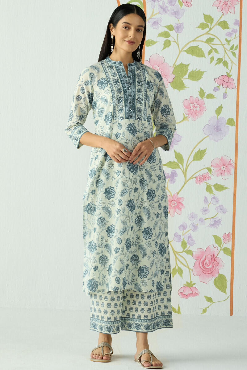 Off-White Hand Printed Straight Cotton Slub Kurta