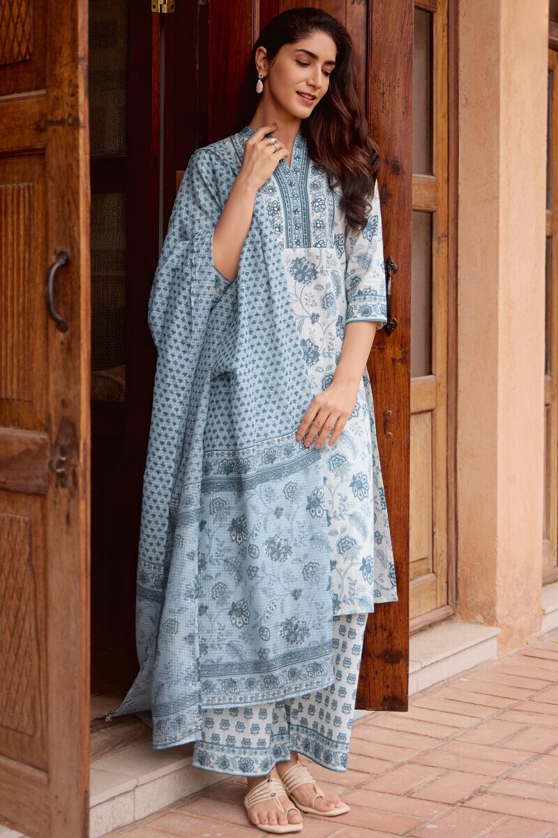 Off-White Hand Printed Straight Cotton Slub Kurta