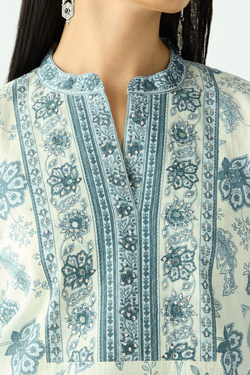 Off-White Hand Printed Straight Cotton Slub Kurta