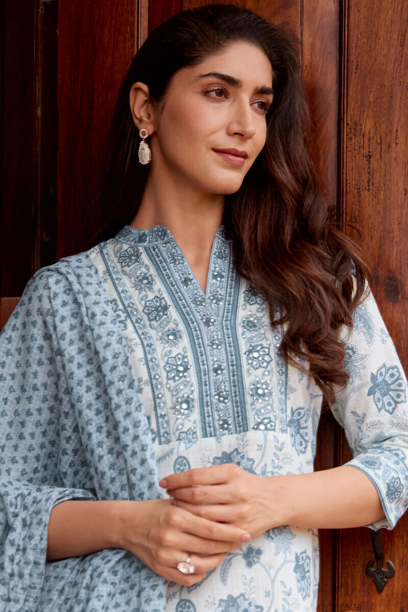 Off-White Hand Printed Straight Cotton Slub Kurta