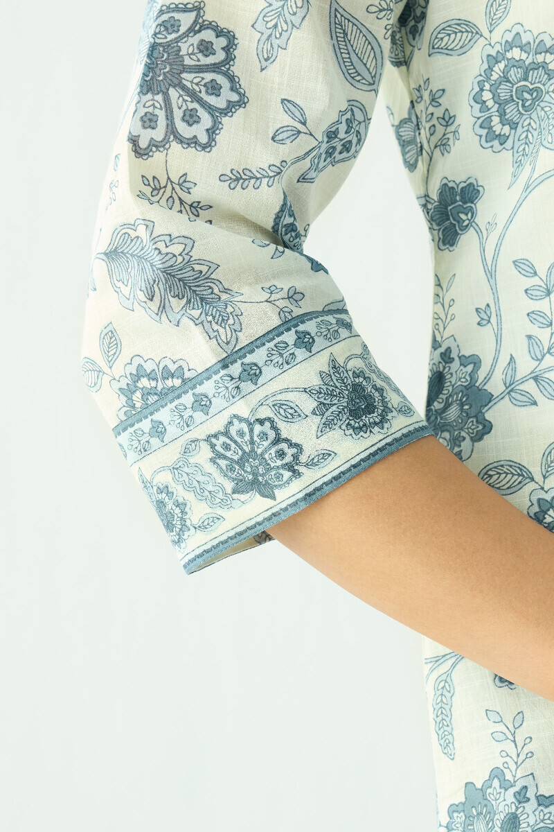 Off-White Hand Printed Straight Cotton Slub Kurta