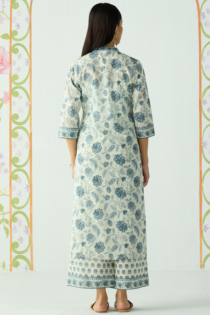 Off-White Hand Printed Straight Cotton Slub Kurta