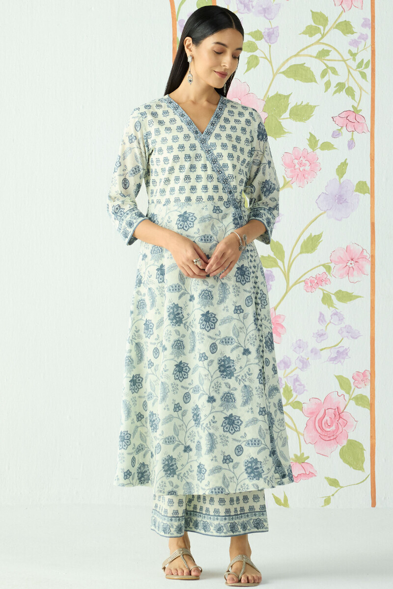 Off-White Hand Printed Angrakha Cotton Slub Kurta