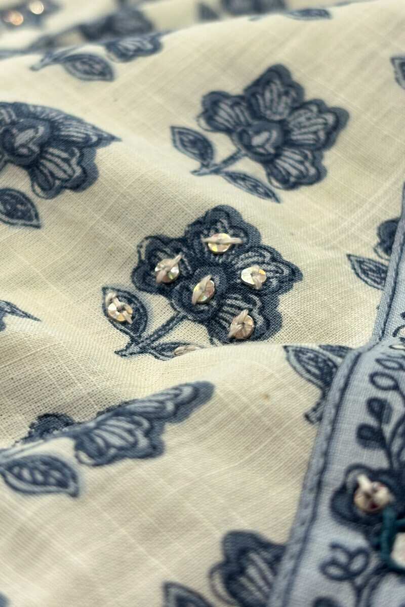 Off-White Hand Printed Angrakha Cotton Slub Kurta