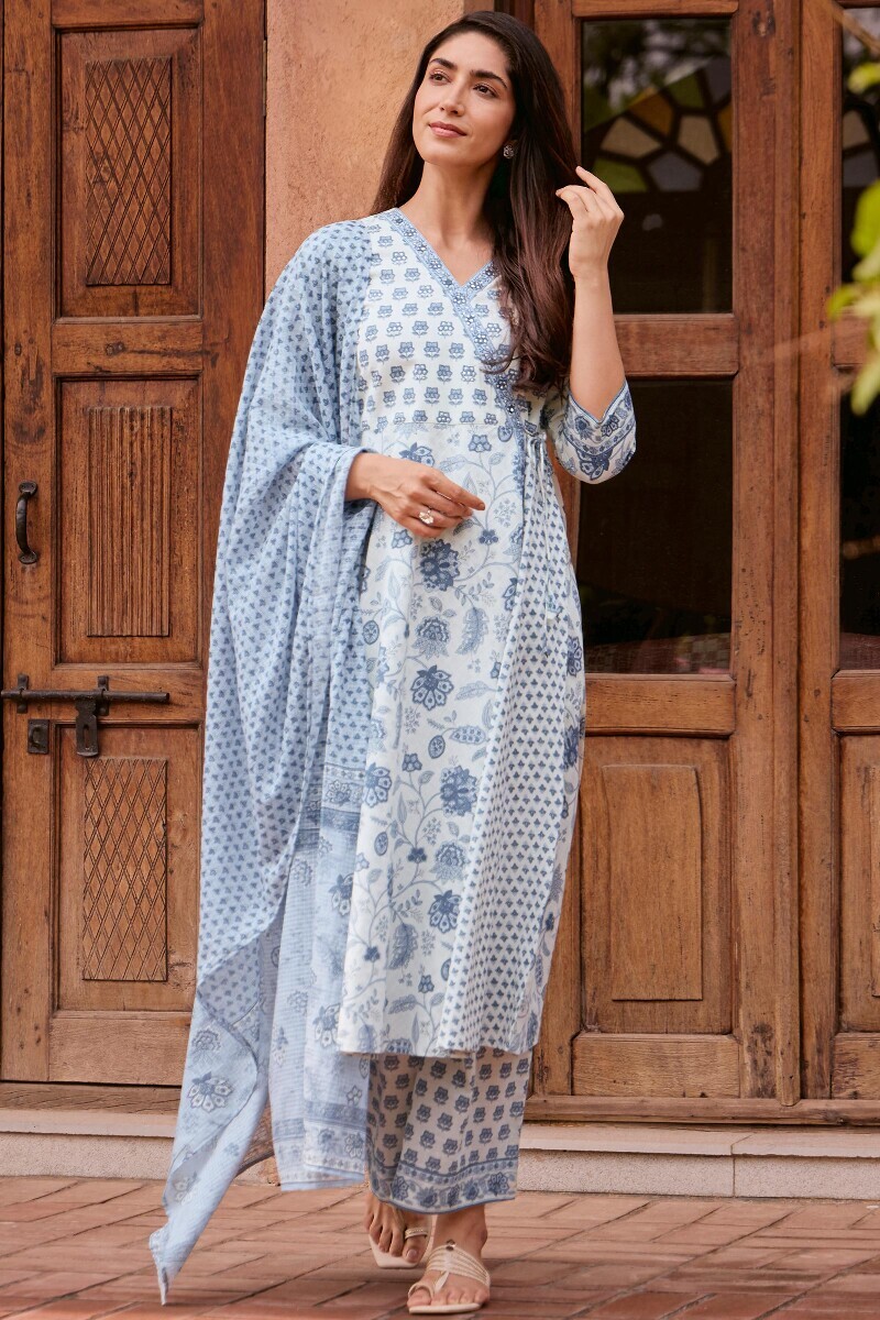 Off-White Hand Printed Angrakha Cotton Slub Kurta