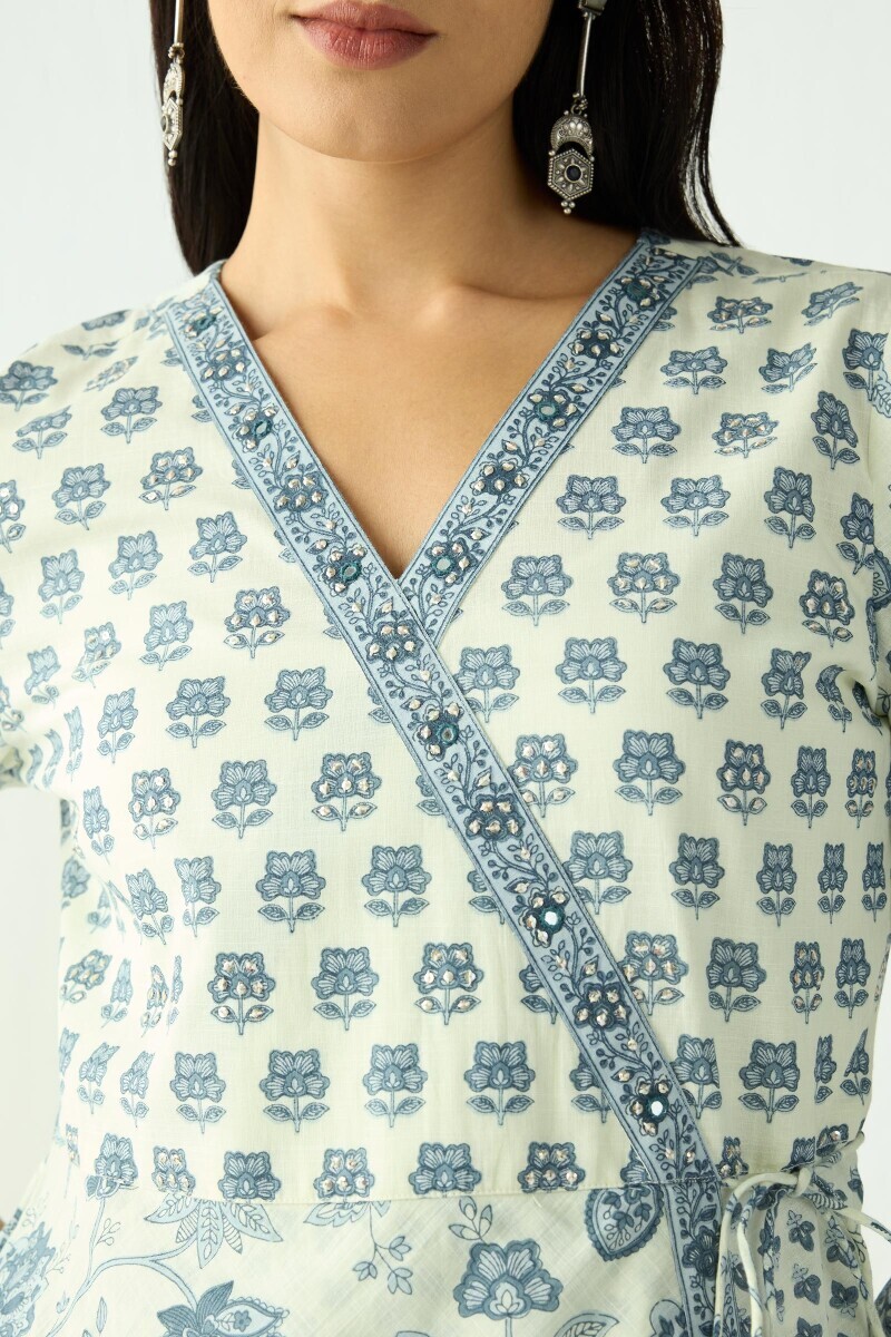 Off-White Hand Printed Angrakha Cotton Slub Kurta