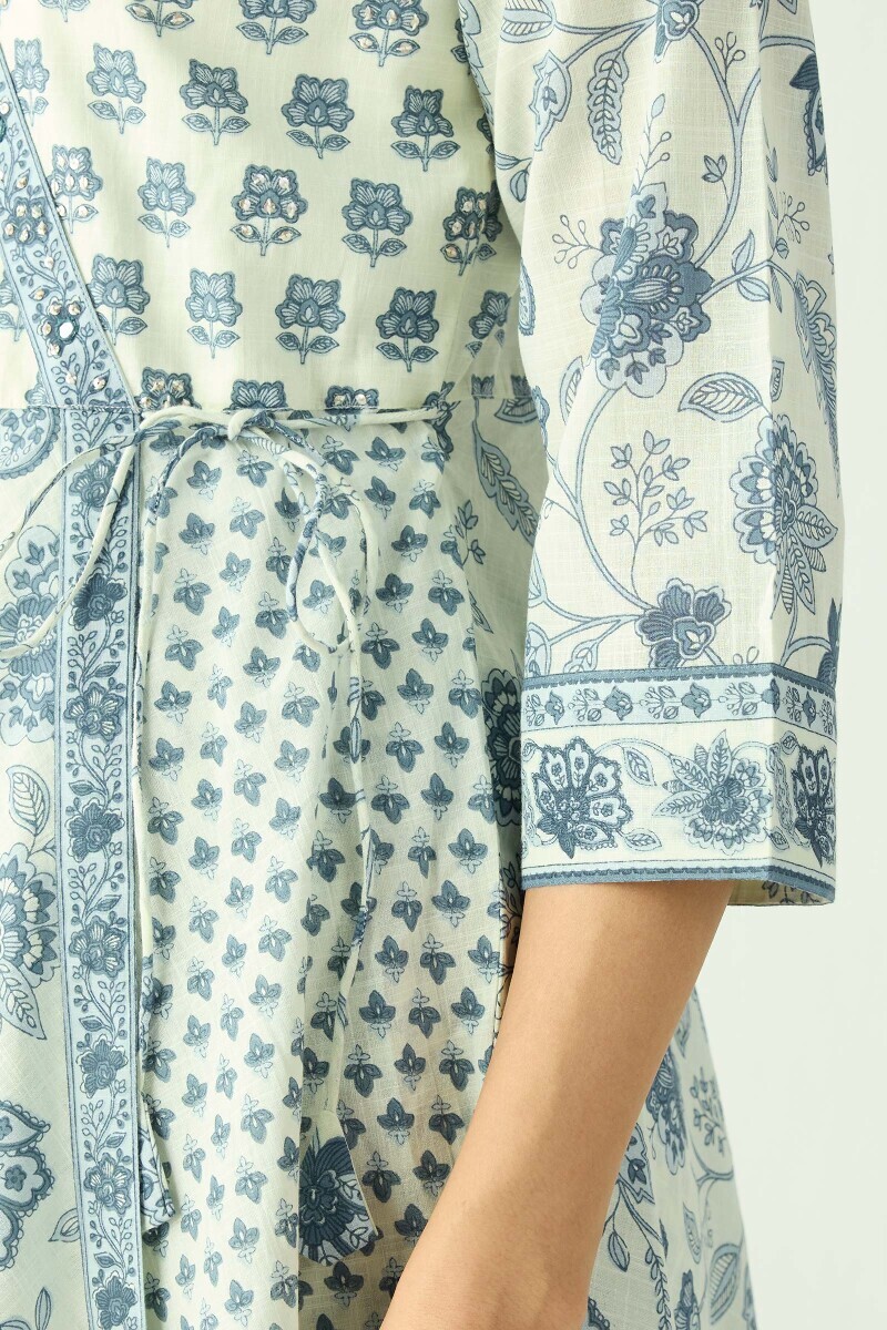 Off-White Hand Printed Angrakha Cotton Slub Kurta