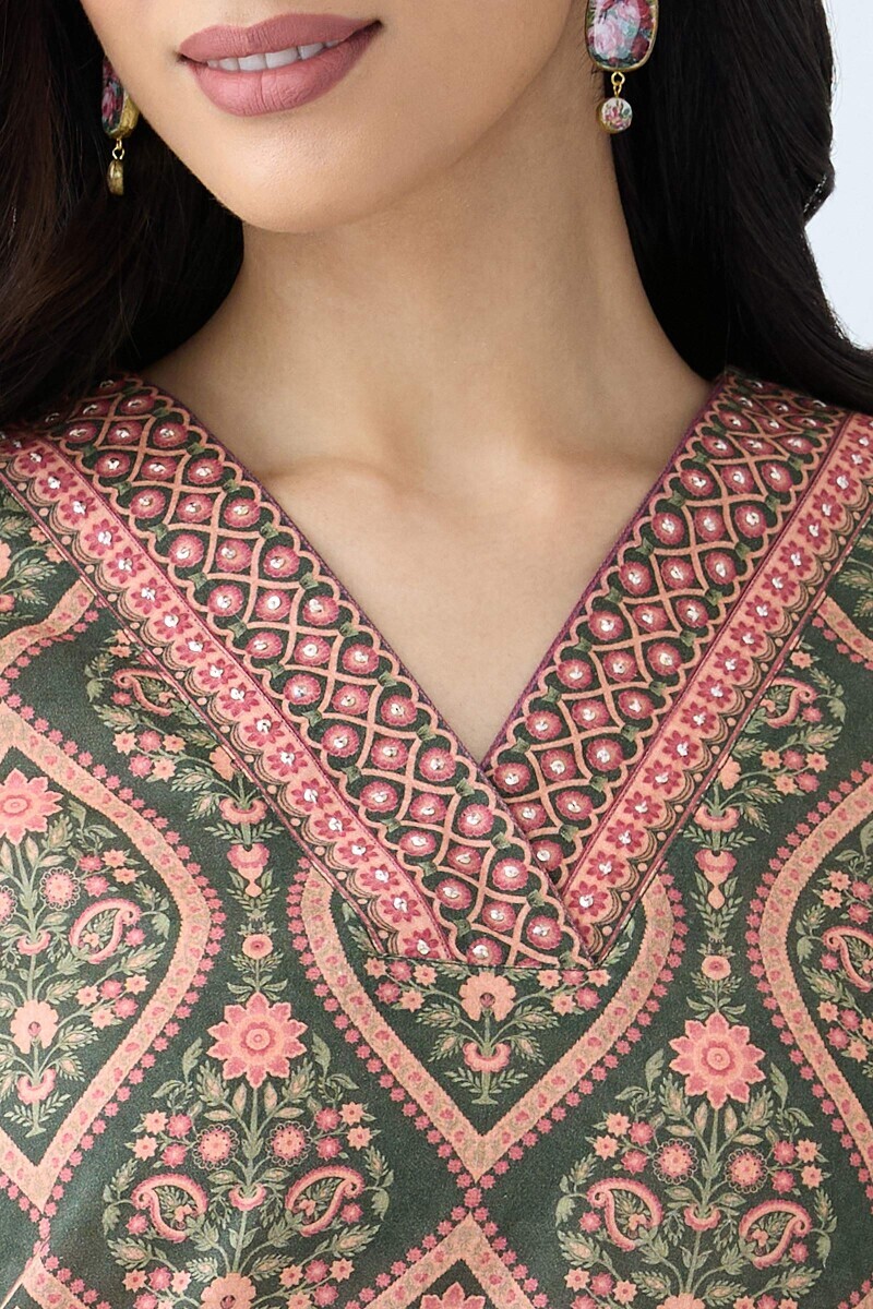 Green Printed Straight Cotton Kurta