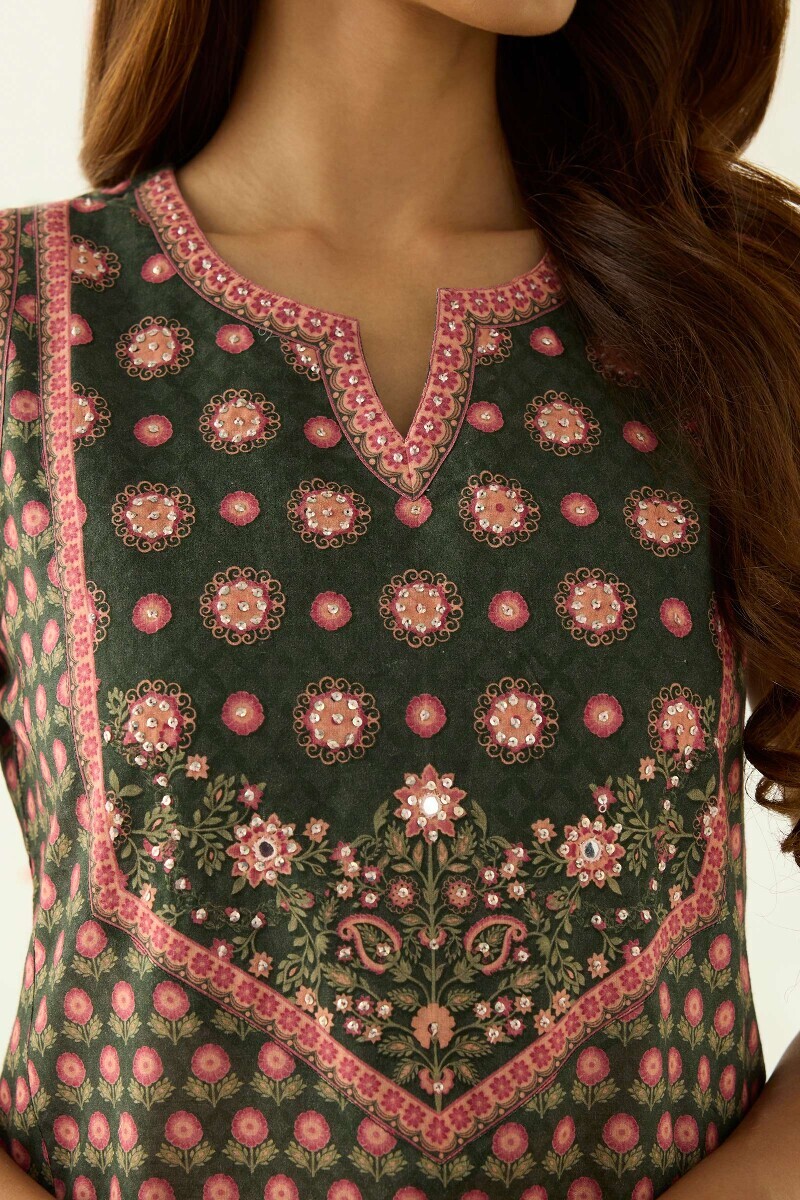 Green Printed Straight Cotton Kurta