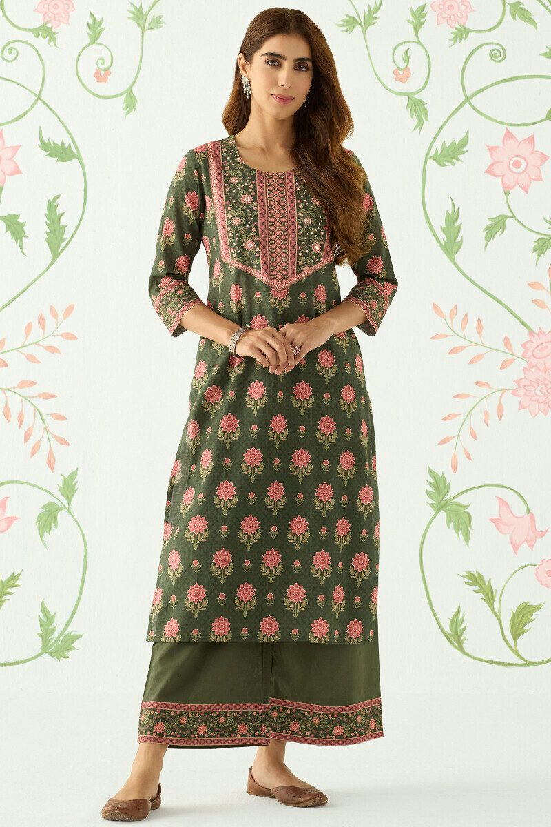 Green Printed Straight Cotton Kurta