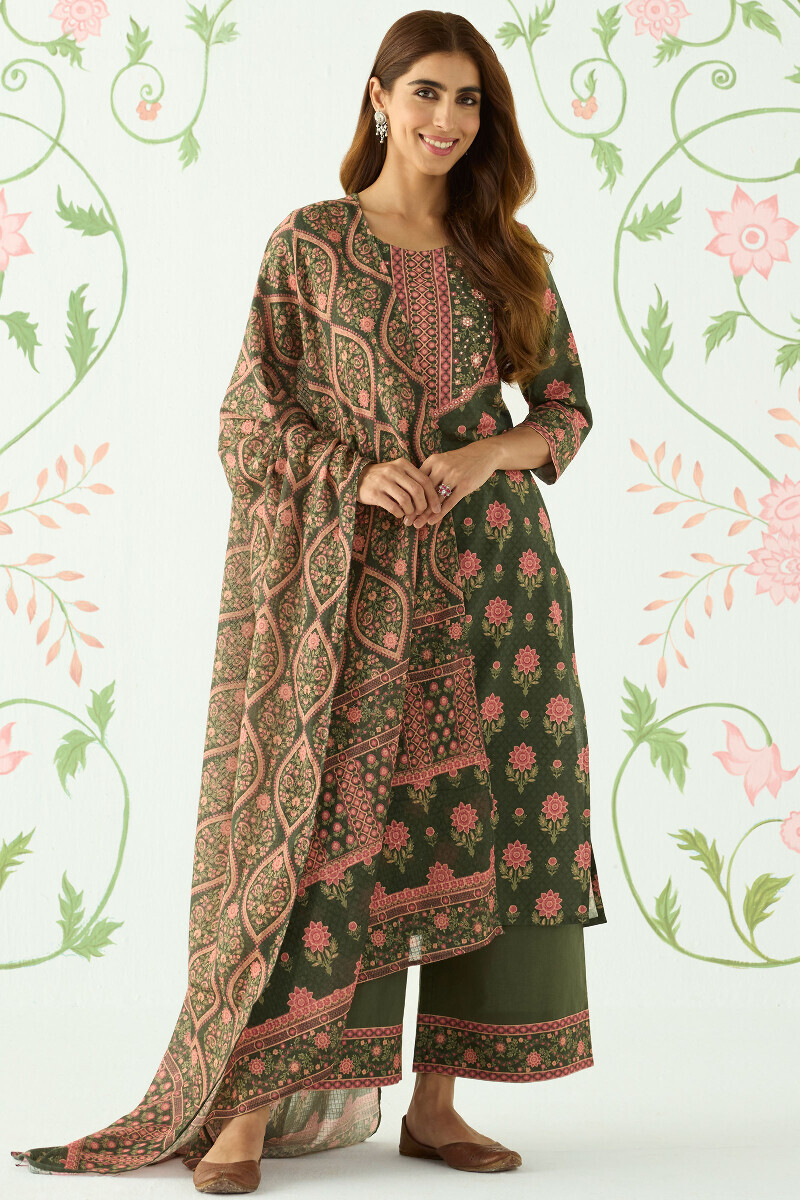 Green Printed Straight Cotton Kurta