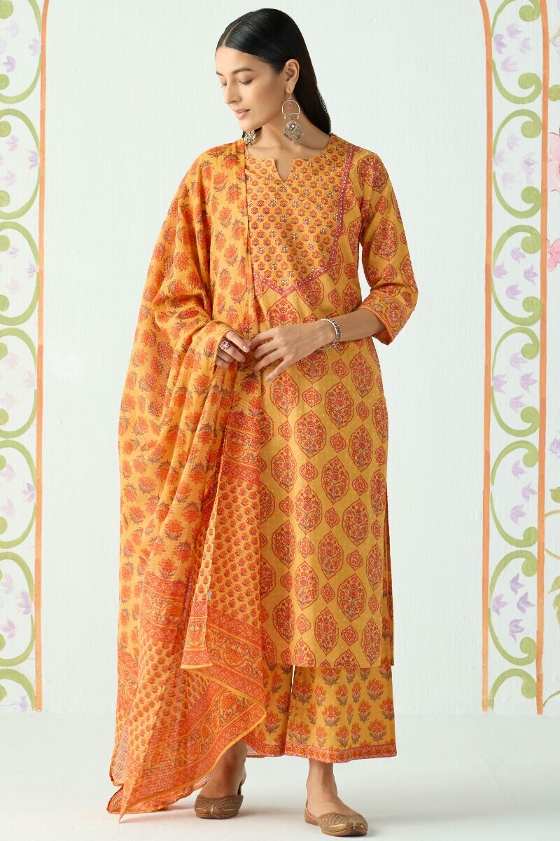 Mustard Hand Printed Straight Cotton Dobby Kurta