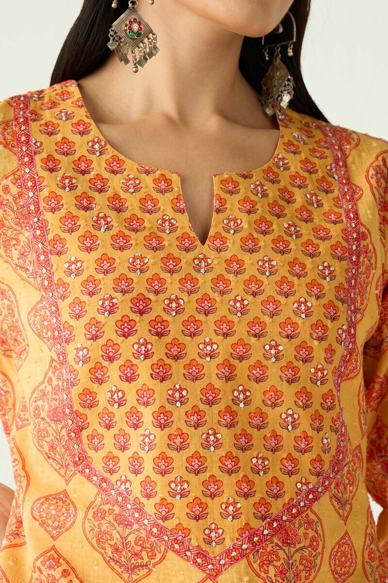 Mustard Hand Printed Straight Cotton Dobby Kurta