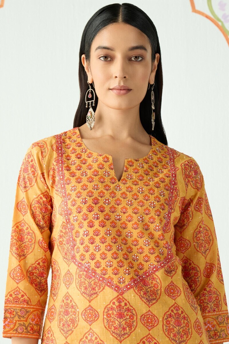 Mustard Hand Printed Straight Cotton Dobby Kurta