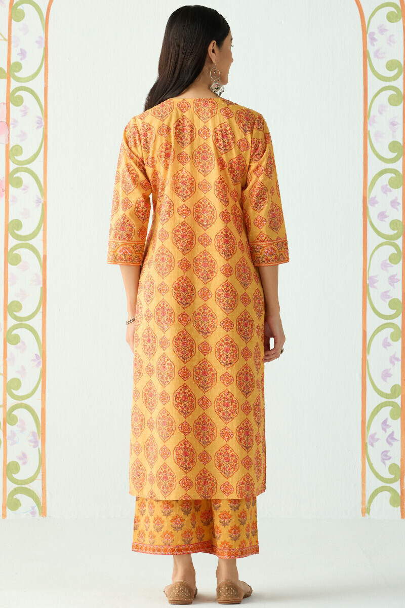 Mustard Hand Printed Straight Cotton Dobby Kurta