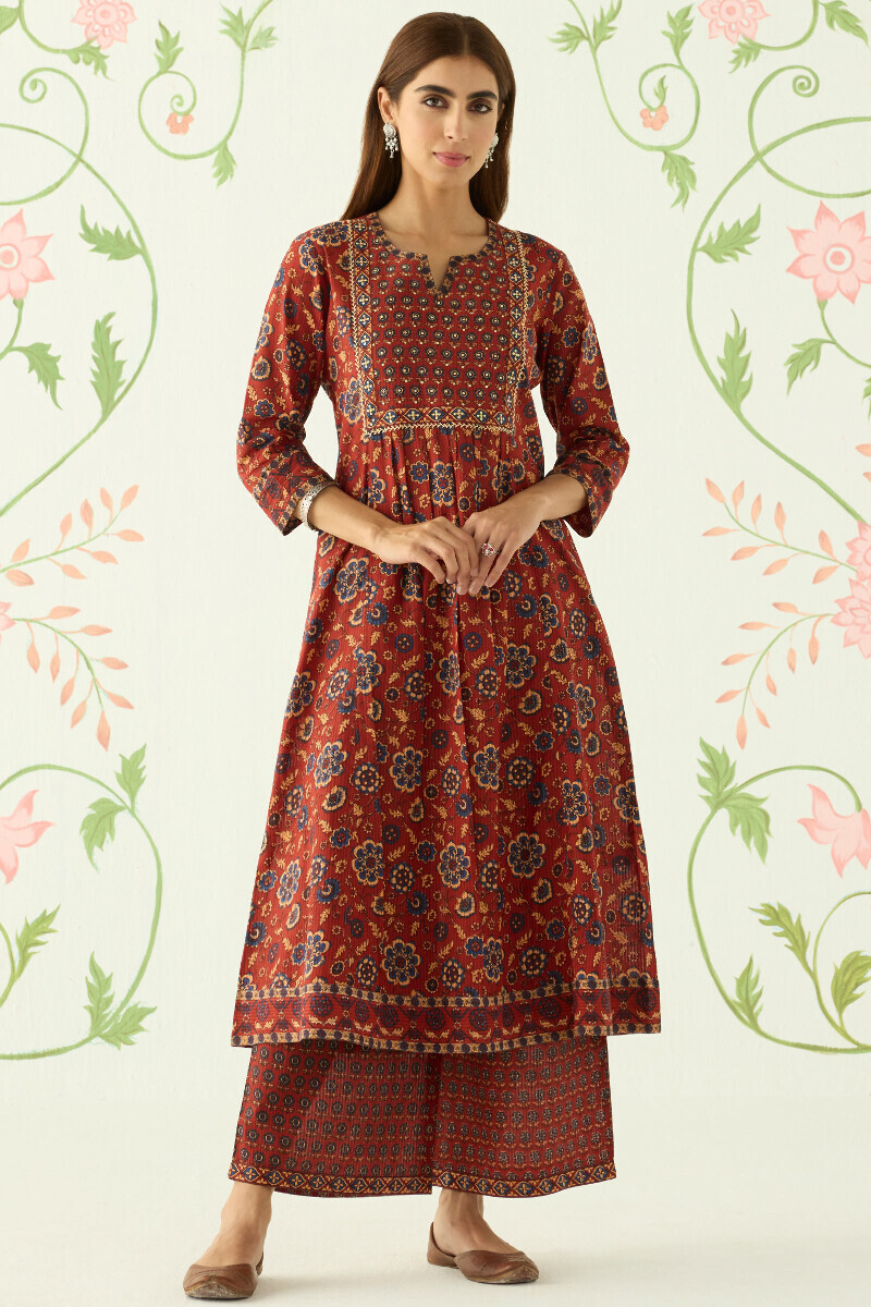 Maroon Hand Printed A-Line Cotton Dobby Kurta