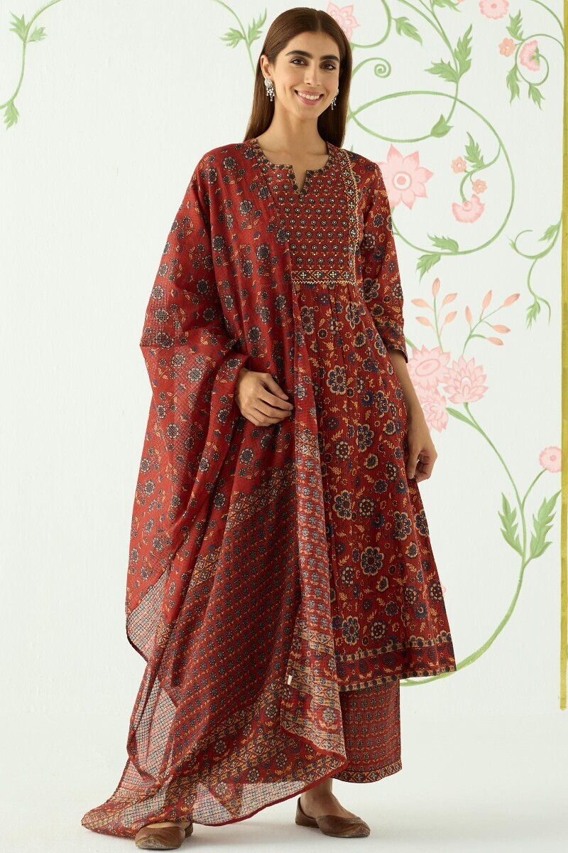 Maroon Hand Printed A-Line Cotton Dobby Kurta