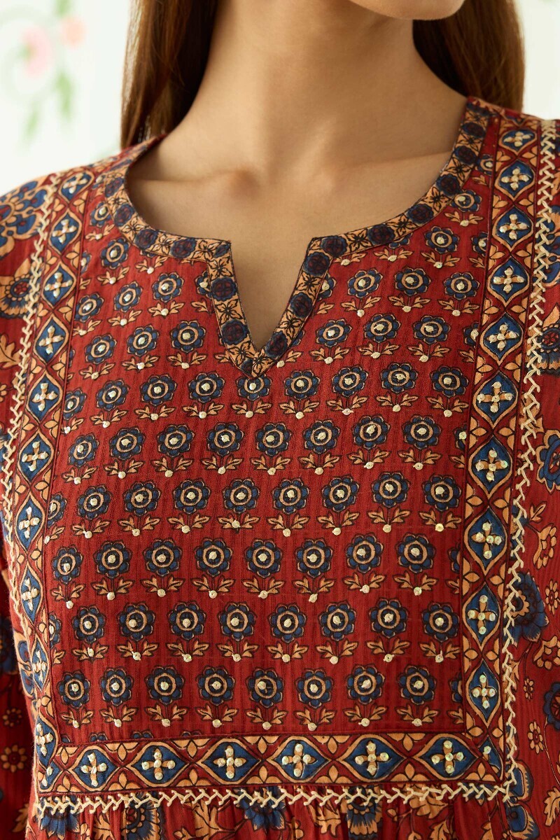 Maroon Hand Printed A-Line Cotton Dobby Kurta