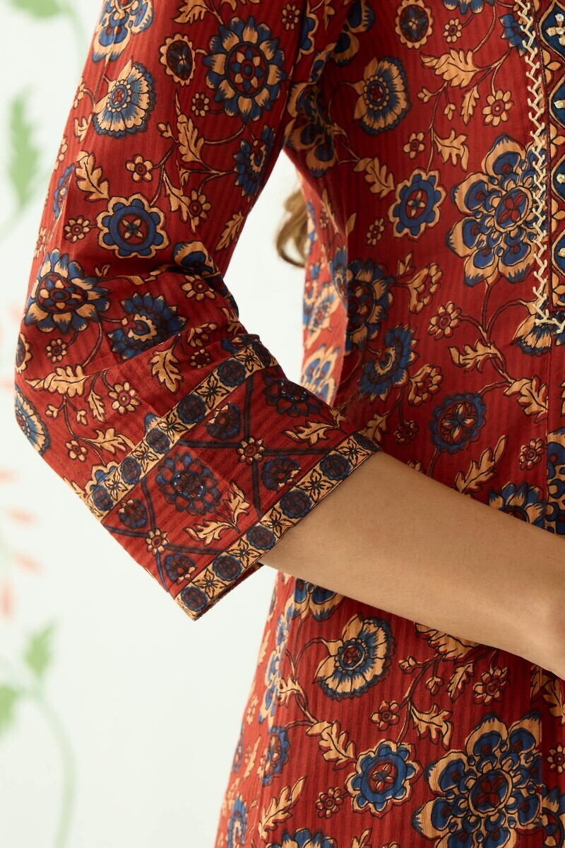 Maroon Hand Printed A-Line Cotton Dobby Kurta